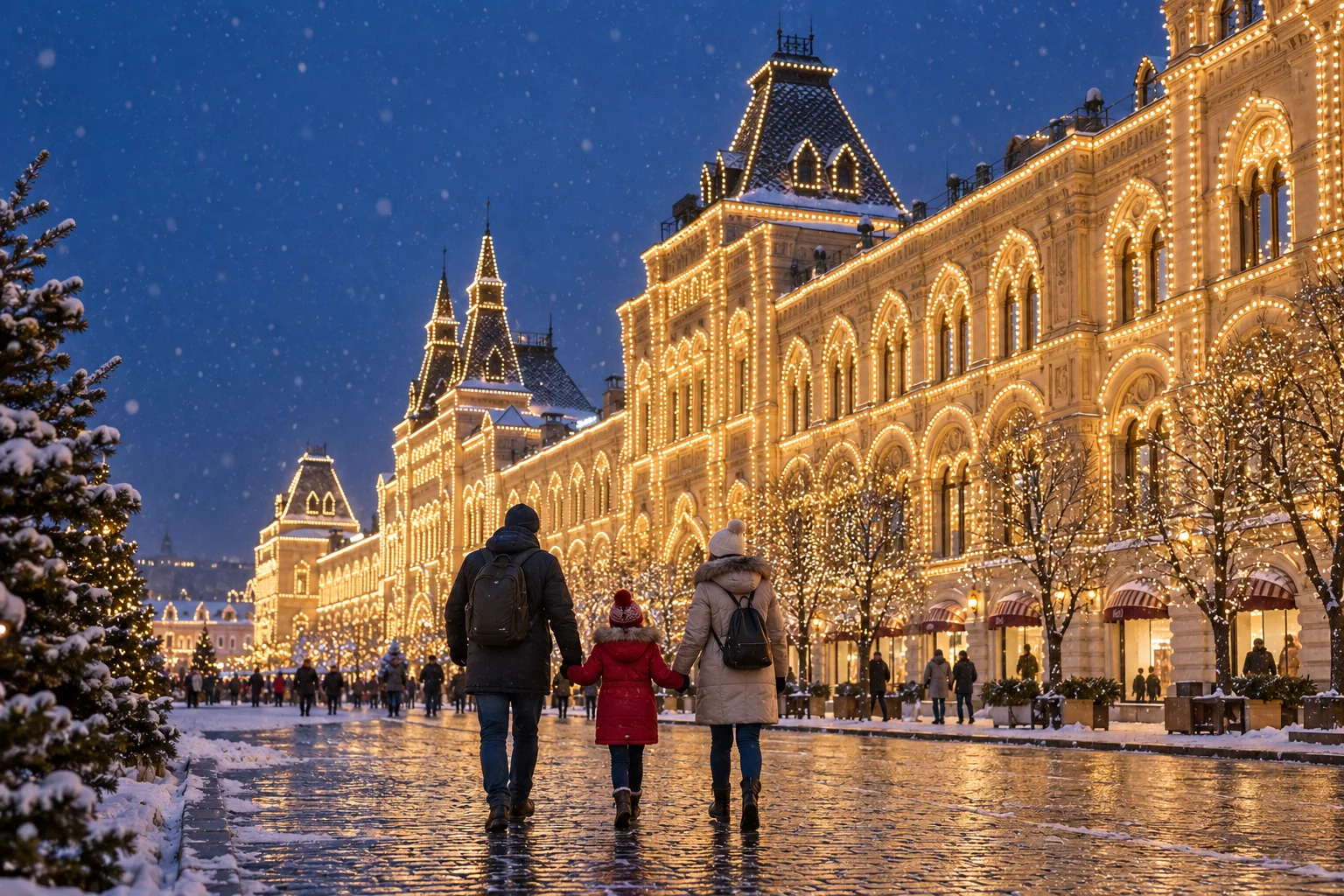 Семья на зимней прогулке у освещённого ГУМа